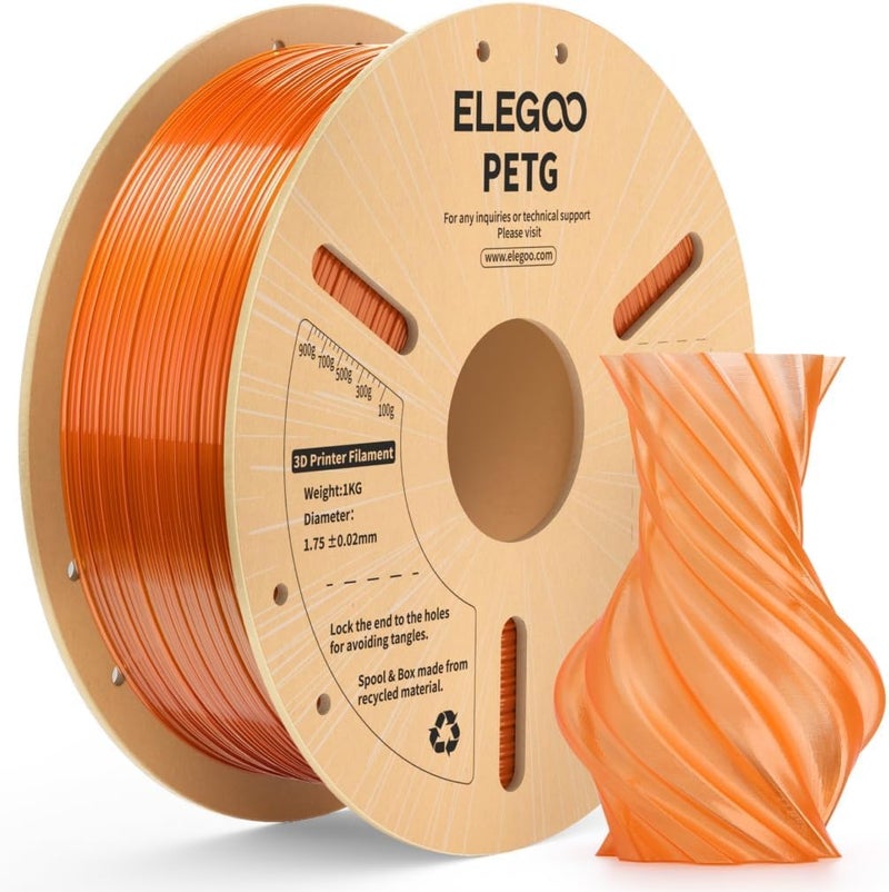 ELEGOO خيوط PETG 1.75 مم برتقالي شفاف 1 كجم، خيوط طابعة ثلاثية الأبعاد شبه شفافة عالية الدقة، قوية ودائمة 1 كجم بكرة (2.2 رطل) تناسب معظم طابعات FDM ثلاثية الأبعاد - Image 1